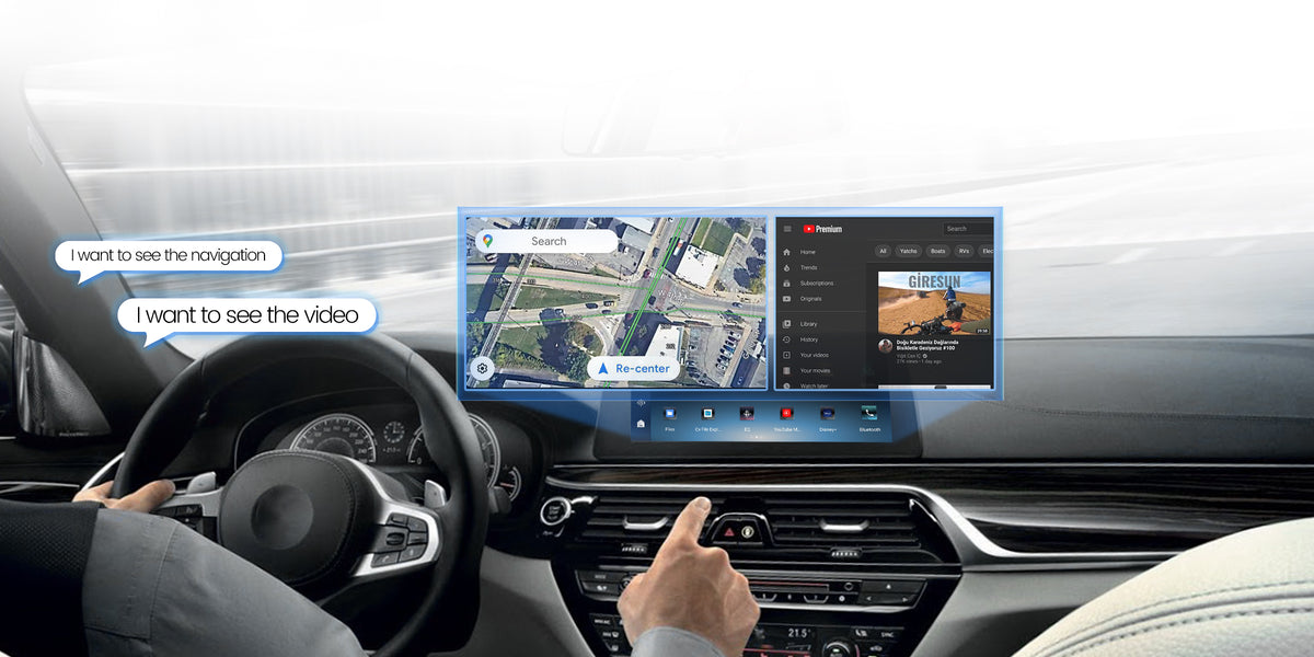 Car dashboard split screen with Google Maps navigation and YouTube video using Ottocast wireless CarPlay adapter