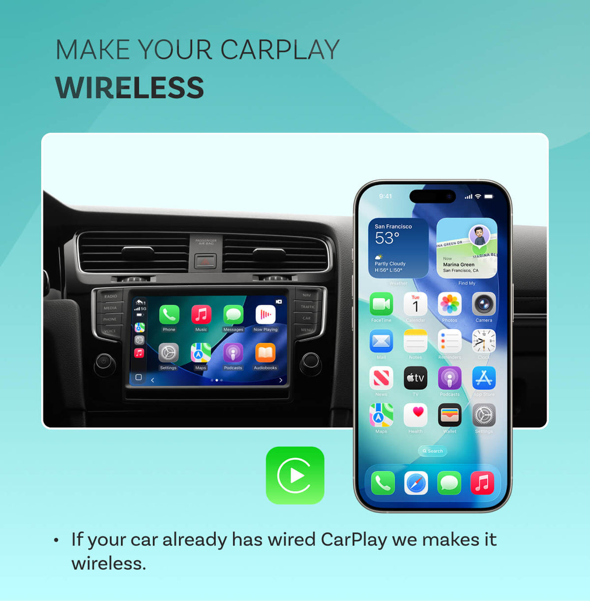 OttoSafe Cam cámara para coche 2 en 1 y adaptador inalámbrico CarPlay