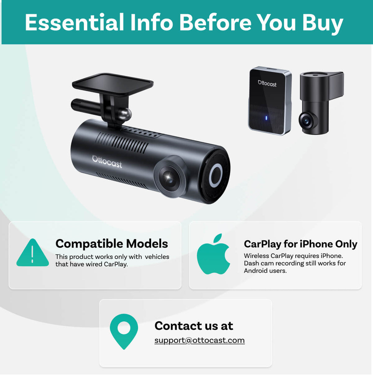 OttoSafe Cam cámara para coche 2 en 1 y adaptador inalámbrico CarPlay