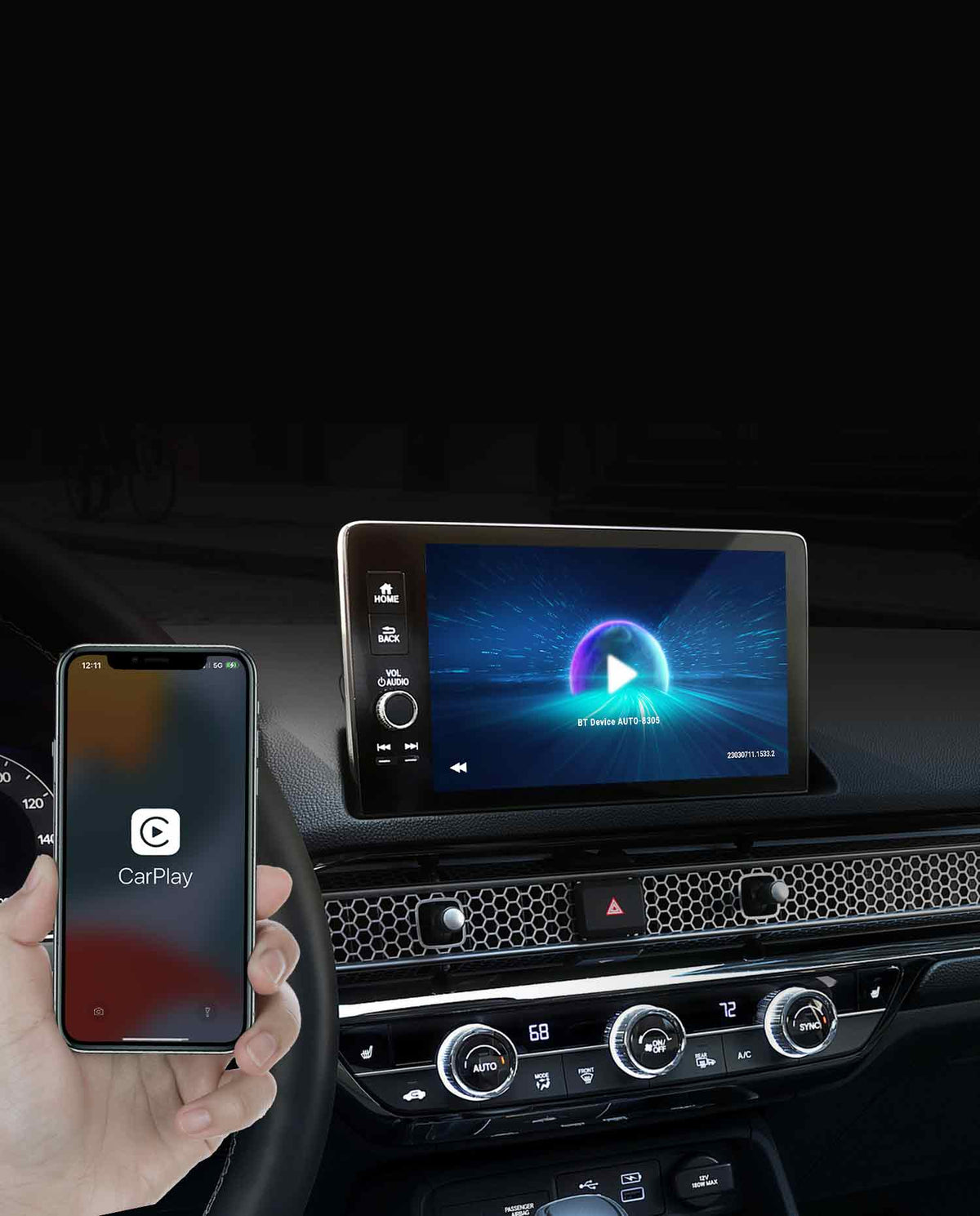 iPhone connecting via Ottocast CP82 wireless CarPlay adapter to car dashboard display for apps, music and navigation