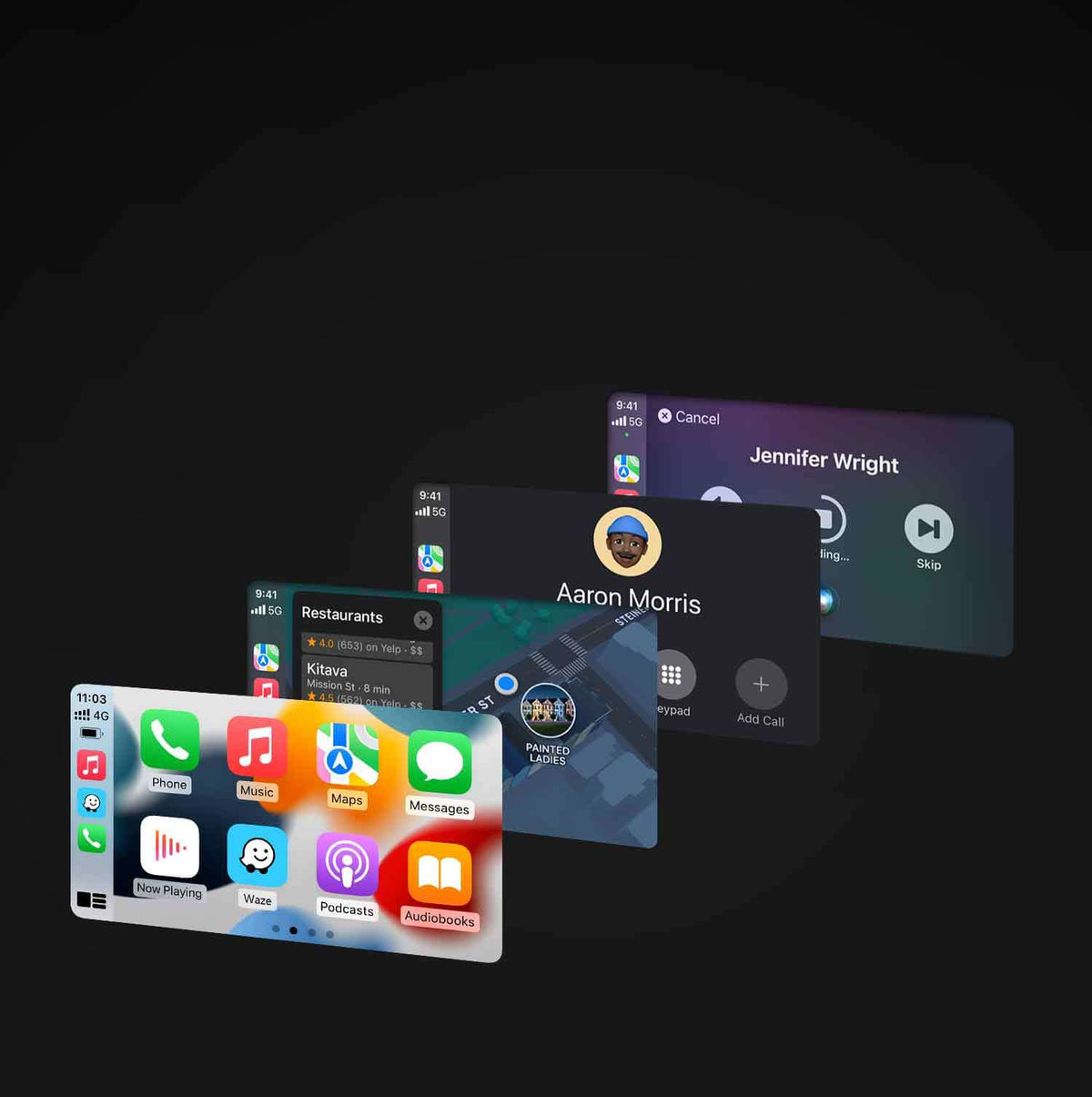 Apple CarPlay interface with phone calls music maps messages navigation podcasts audiobooks on Ottocast adapter