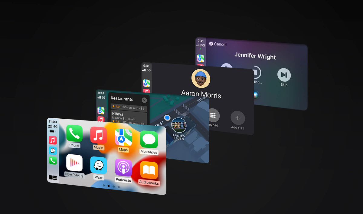 Wireless CarPlay interface showing navigation, calls, music, and apps for seamless in-car connectivity