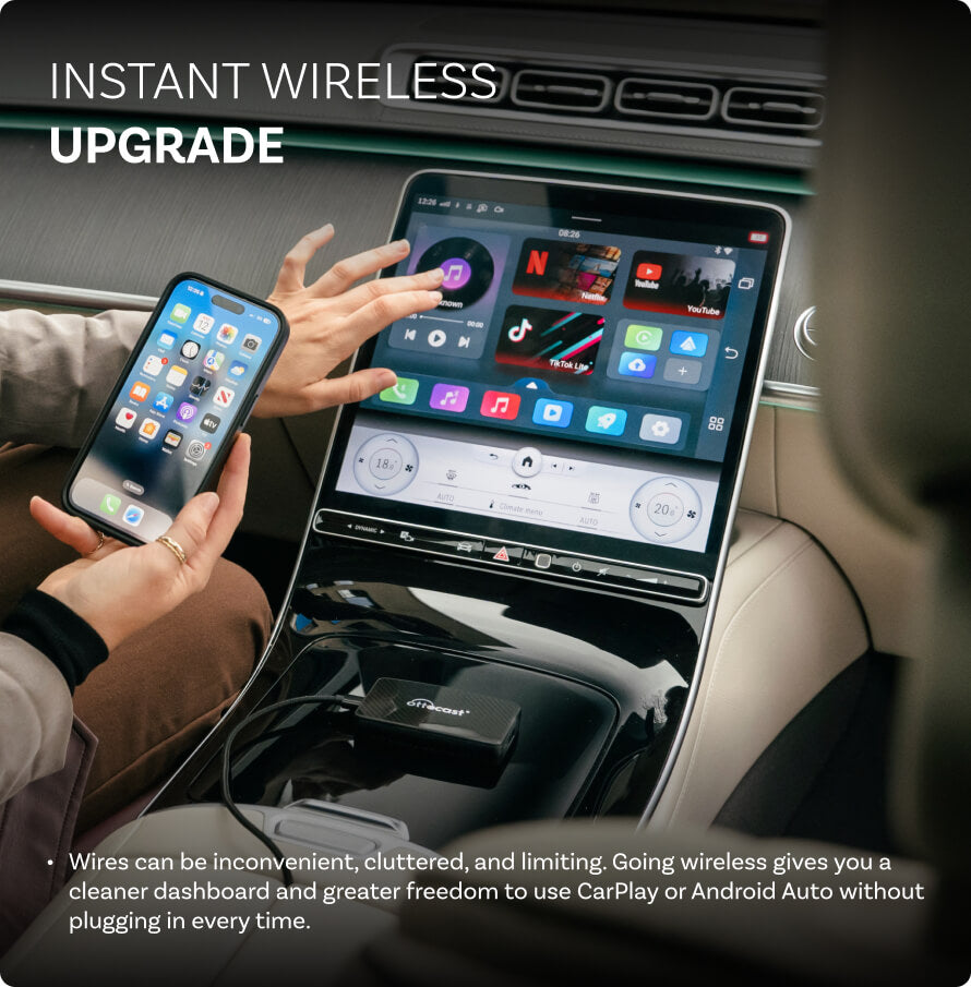 Wireless CarPlay adapter connecting iPhone to car touchscreen for instant wireless upgrade and media streaming.