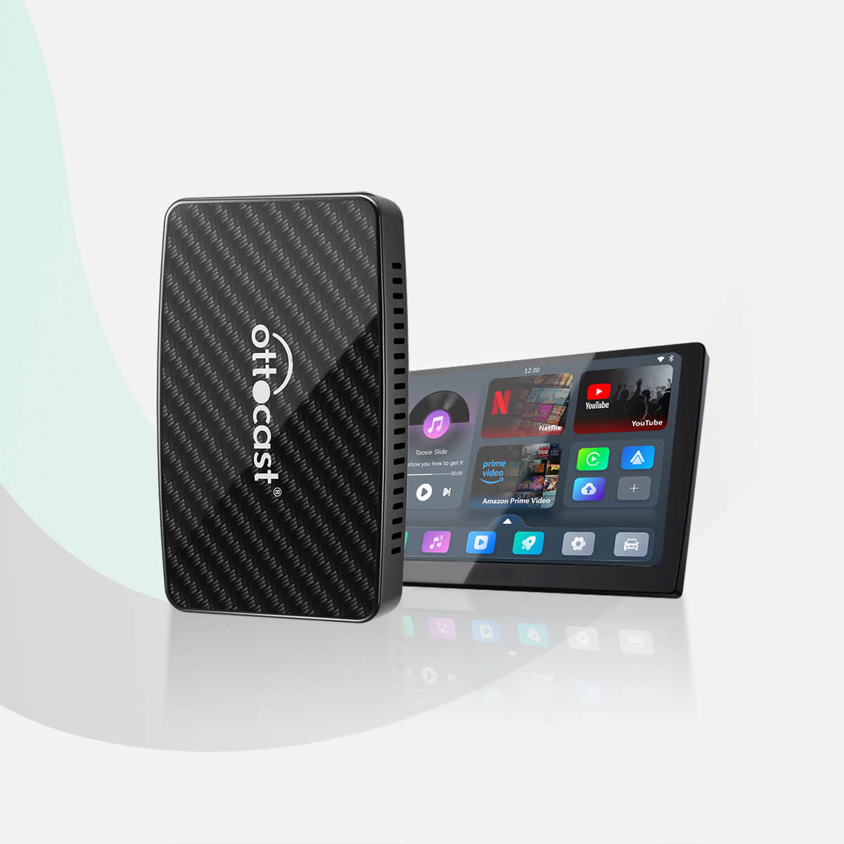 Ottocast Play2Video Pro wireless CarPlay and Android Auto adapter with built-in YouTube and Netflix apps for in-car multimedia streaming.