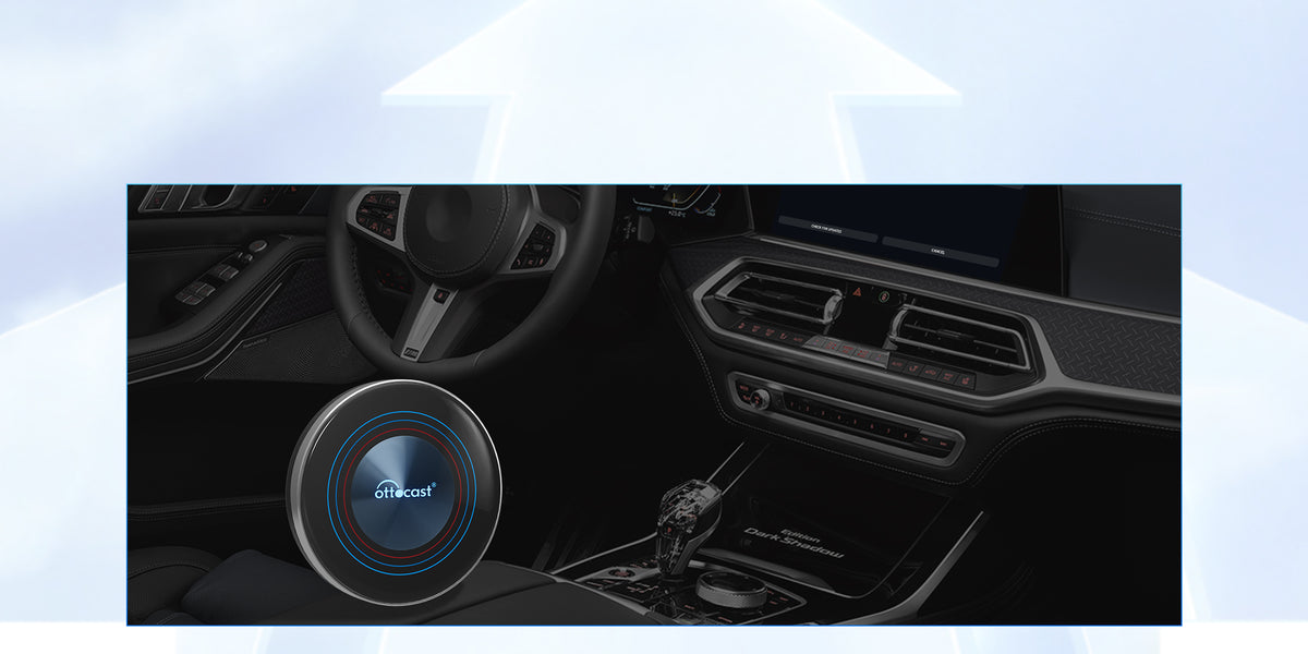 Car interior dashboard with Ottocast round wireless CarPlay adapter for smartphone connectivity and multimedia streaming