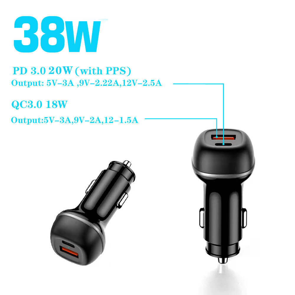 Hurtig biloplader med dobbelt USB-C & USB-A