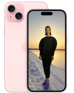 Pink smartphone with dual rear cameras and full screen display showcasing fashion model photo