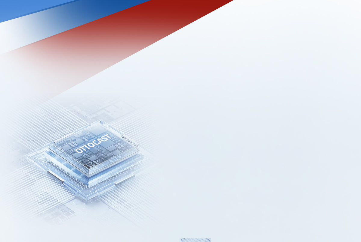 Ottocast processor chip technology graphic with circuit board design for wireless CarPlay adapter performance