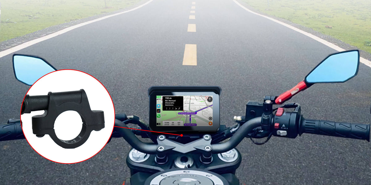 Motorcycle handlebar mount with navigation display screen showing GPS route using Ottocast CarPlay Android Auto adapter