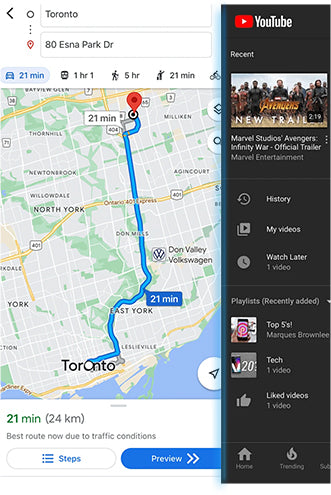 Google Maps navigation route to Toronto with YouTube app split screen, compatible with Ottocast CarPlay Android Auto adapter